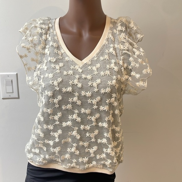 Anthropologie Amadi Floral Blouse Top Flutter Sleeves Sheer Textured Cream XS - Picture 2 of 10